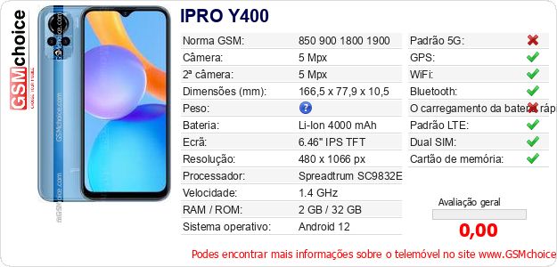 IPRO Y400 Especificações técnicas do telemóvel 