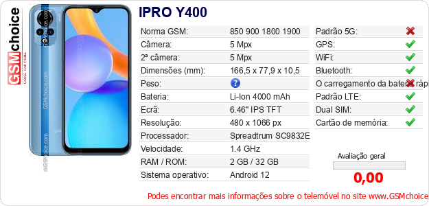 IPRO Y400 Especificações técnicas do telemóvel IPRO Y400 Especificações técnicas do telemóvel