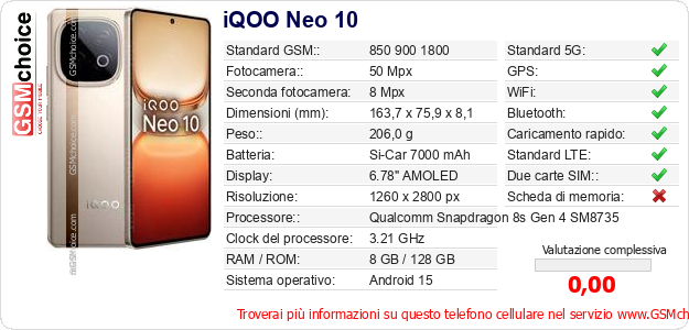 iQOO Neo 10 Dati tecnici di telefono cellulare 