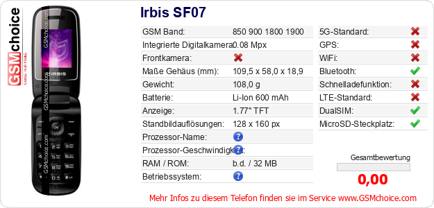 Irbis SF07 technische Daten Irbis SF07 technische Daten