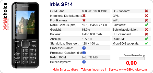 Irbis SF14 technische Daten Irbis SF14 technische Daten