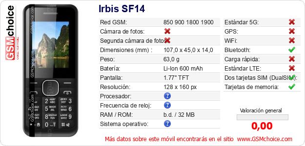 Irbis SF14 Datos técnicos del móvil 