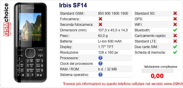 Irbis SF14 Dati tecnici di telefono cellulare 