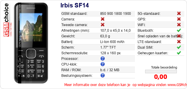 Irbis SF14 Technische gegevens 