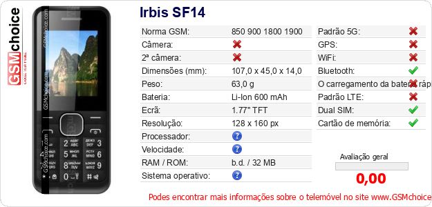 Irbis SF14 Especificações técnicas do telemóvel 