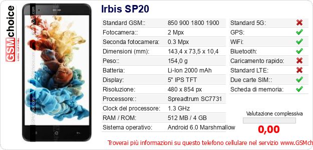 Irbis SP20 Dati tecnici di telefono cellulare Irbis SP20 Dati tecnici di telefono cellulare