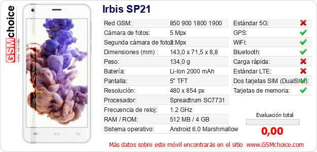 Irbis SP21 Datos técnicos del móvil Irbis SP21 Datos técnicos del móvil