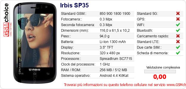 Irbis SP35 Dati tecnici di telefono cellulare Irbis SP35 Dati tecnici di telefono cellulare