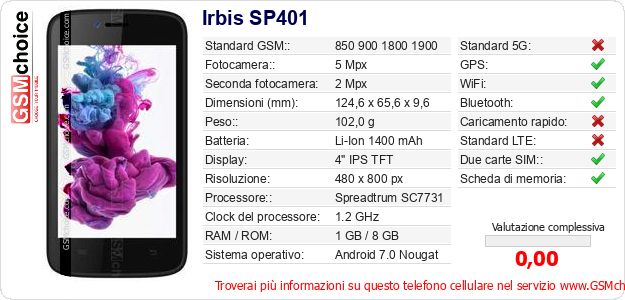 Irbis SP401 Dati tecnici di telefono cellulare 