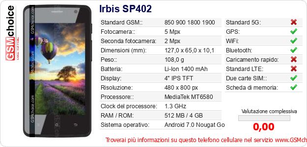 Irbis SP402 Dati tecnici di telefono cellulare 