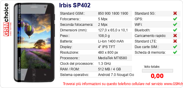 Irbis SP402 Dati tecnici di telefono cellulare Irbis SP402 Dati tecnici di telefono cellulare