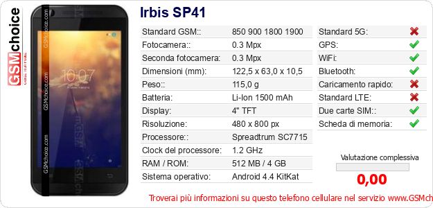 Irbis SP41 Dati tecnici di telefono cellulare Irbis SP41 Dati tecnici di telefono cellulare