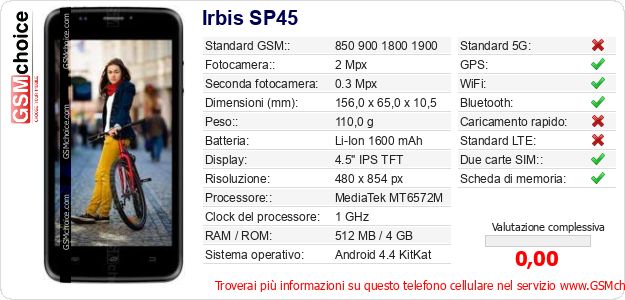 Irbis SP45 Dati tecnici di telefono cellulare Irbis SP45 Dati tecnici di telefono cellulare