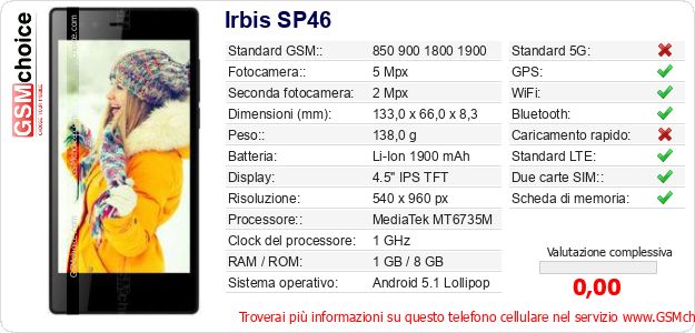 Irbis SP46 Dati tecnici di telefono cellulare Irbis SP46 Dati tecnici di telefono cellulare