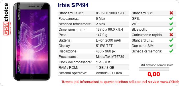 Irbis SP494 Dati tecnici di telefono cellulare 