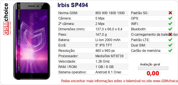 Irbis SP494 Especificações técnicas do telemóvel Irbis SP494 Especificações técnicas do telemóvel