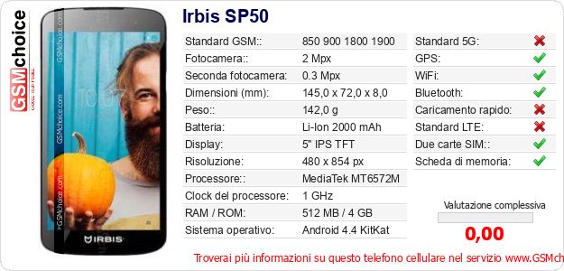 Irbis SP50 Dati tecnici di telefono cellulare Irbis SP50 Dati tecnici di telefono cellulare