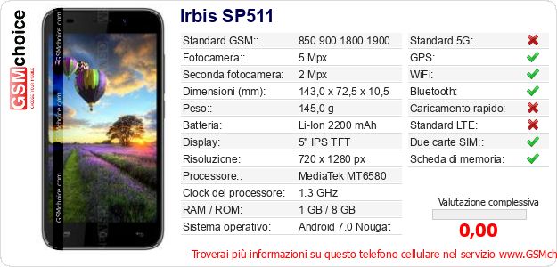 Irbis SP511 Dati tecnici di telefono cellulare 