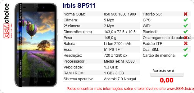 Irbis SP511 Especificações técnicas do telemóvel 