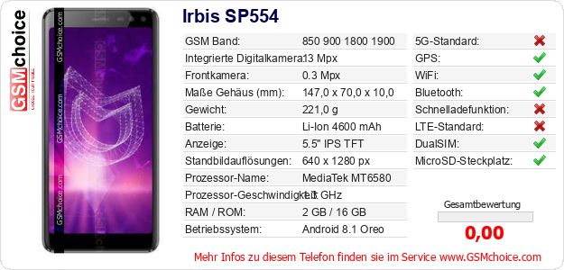 Irbis SP554 technische Daten Irbis SP554 technische Daten