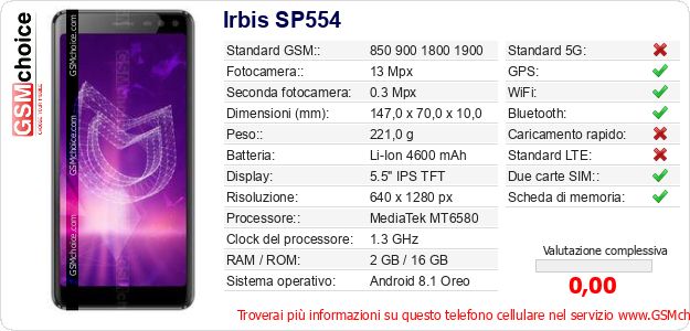 Irbis SP554 Dati tecnici di telefono cellulare Irbis SP554 Dati tecnici di telefono cellulare