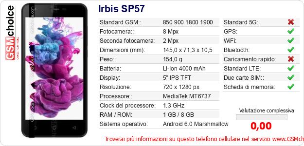 Irbis SP57 Dati tecnici di telefono cellulare Irbis SP57 Dati tecnici di telefono cellulare