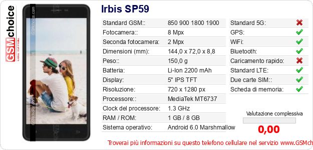 Irbis SP59 Dati tecnici di telefono cellulare Irbis SP59 Dati tecnici di telefono cellulare
