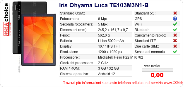 Iris Ohyama Luca TE103M3N1-B Dati tecnici di telefono cellulare 