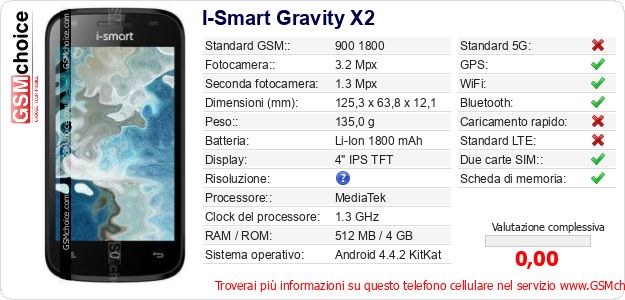 I-Smart Gravity X2 Dati tecnici di telefono cellulare I-Smart Gravity X2 Dati tecnici di telefono cellulare