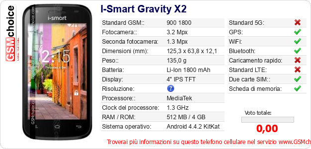 I-Smart Gravity X2 Dati tecnici di telefono cellulare 