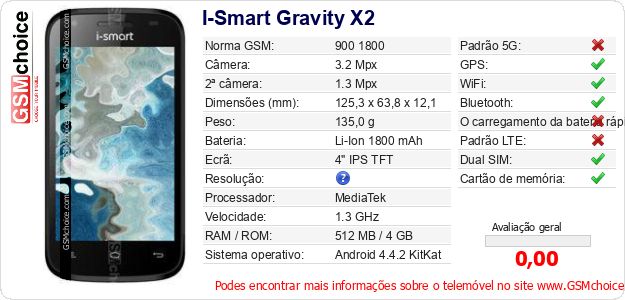 I-Smart Gravity X2 Especificações técnicas do telemóvel 
