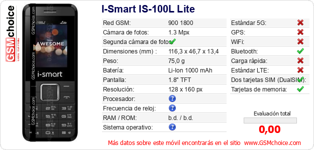 I-Smart IS-100L Lite Datos técnicos del móvil I-Smart IS-100L Lite Datos técnicos del móvil