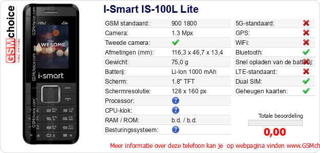 I-Smart IS-100L Lite Technische gegevens I-Smart IS-100L Lite Technische gegevens