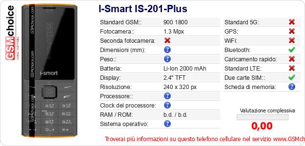 I-Smart IS-201-Plus Dati tecnici di telefono cellulare I-Smart IS-201-Plus Dati tecnici di telefono cellulare