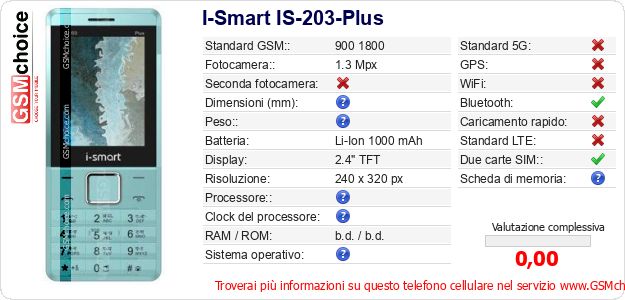 I-Smart IS-203-Plus Dati tecnici di telefono cellulare I-Smart IS-203-Plus Dati tecnici di telefono cellulare