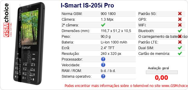 I-Smart IS-205i Pro Especificações técnicas do telemóvel 