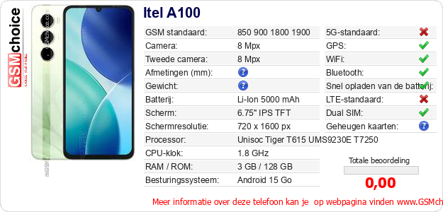 Itel A100 Technische gegevens Itel A100 Technische gegevens