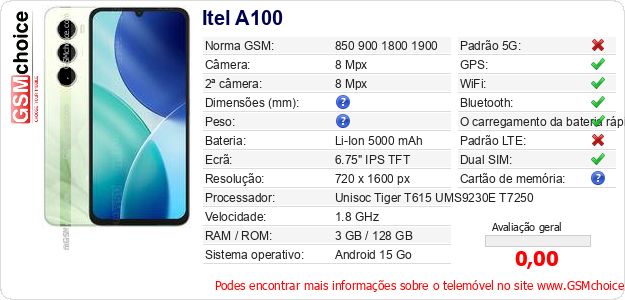 Itel A100 Especificações técnicas do telemóvel Itel A100 Especificações técnicas do telemóvel