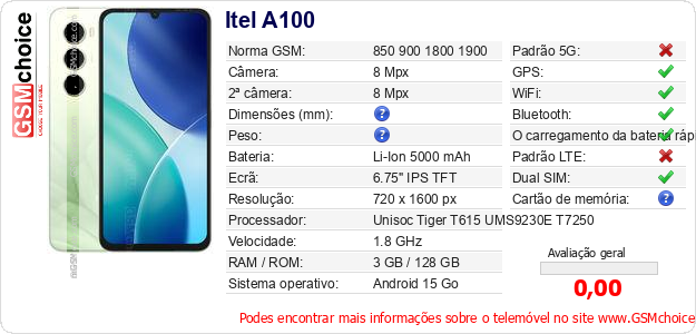 Itel A100 Especificações técnicas do telemóvel 