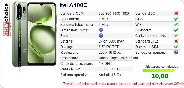 Itel A100C Dati tecnici di telefono cellulare 