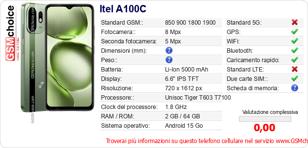 Itel A100C Dati tecnici di telefono cellulare 