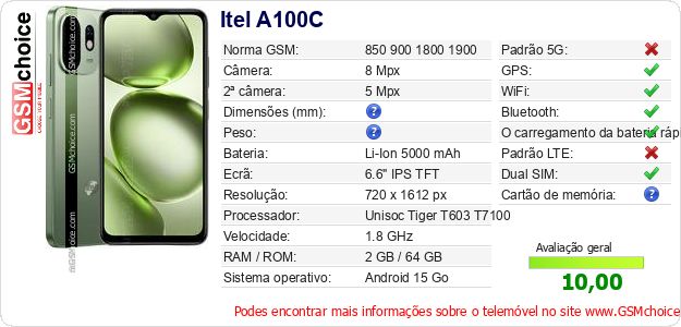 Itel A100C Especificações técnicas do telemóvel Itel A100C Especificações técnicas do telemóvel