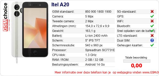 Itel A20 Technische gegevens Itel A20 Technische gegevens