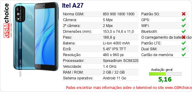 Itel A27 Especificações técnicas do telemóvel Itel A27 Especificações técnicas do telemóvel