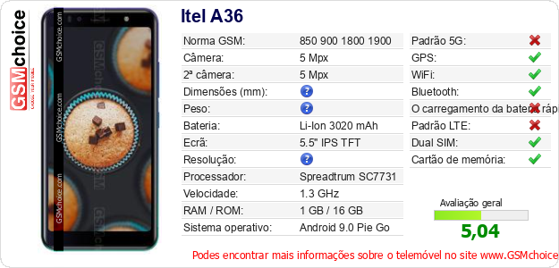 Itel A36 Especificações técnicas do telemóvel 