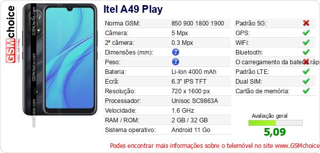 Itel A49 Play Especificações técnicas do telemóvel 