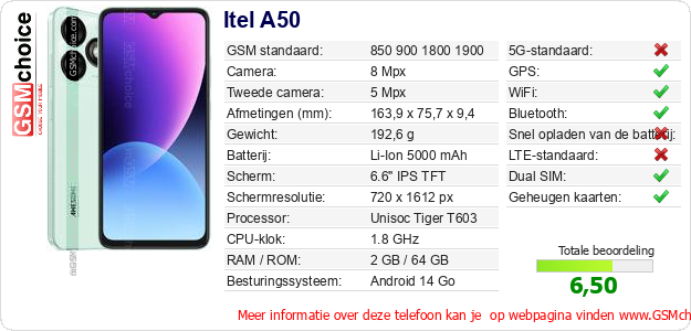 Itel A50 Technische gegevens Itel A50 Technische gegevens