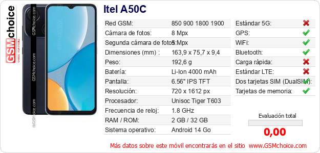 Itel A50C Datos técnicos del móvil Itel A50C Datos técnicos del móvil