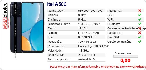 Itel A50C Especificações técnicas do telemóvel 