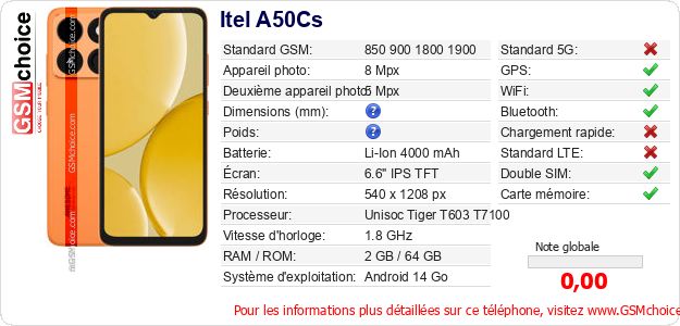 Itel A50Cs Fiche technique Itel A50Cs Fiche technique
